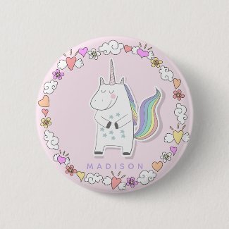 Cute Unicorn - Personalized Pink Girls' Button