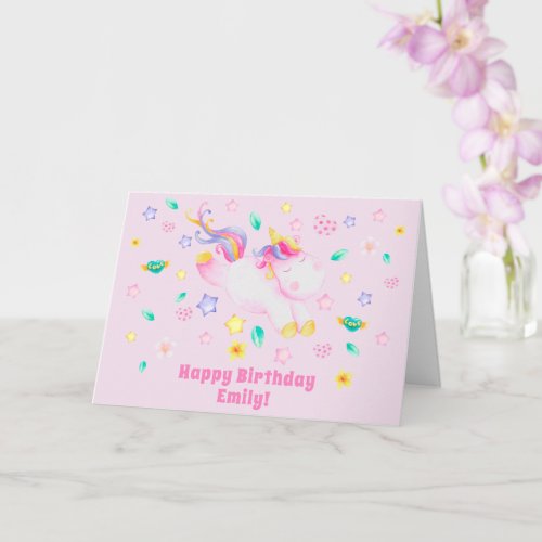 Cute Unicorn _ Personalized Pink Kids Birthday Card