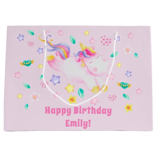Cute Unicorn _ Personalized Pink Kids Birthday Large Gift Bag