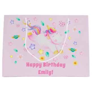 Cute Unicorn - Personalized Pink Kids Birthday Large Gift Bag