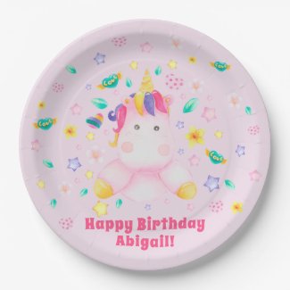 Cute Unicorn - Personalized Pink Kids Birthday Paper Plates