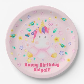Cute Unicorn - Personalized Pink Kids Birthday Paper Plates