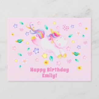 Cute Unicorn - Personalized Pink Kids Birthday Postcard