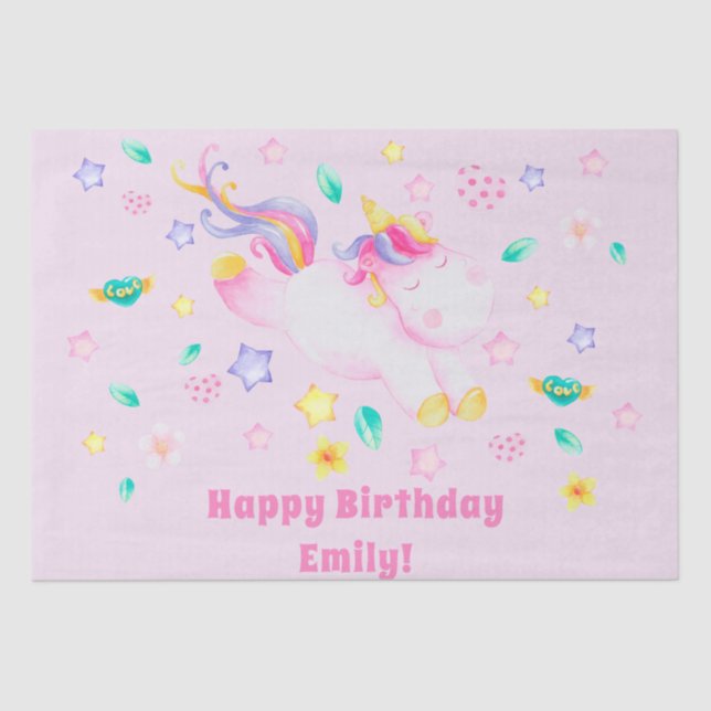 Cute Unicorn - Personalized Pink Kids Birthday Tissue Paper (Front)