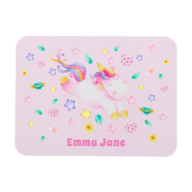 Cute Unicorn - Personalized Pink Kids  Magnet (Horizontal)