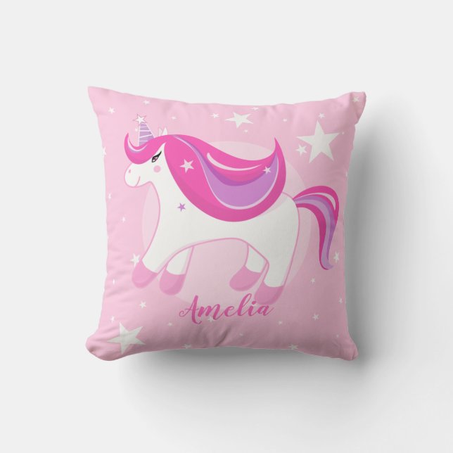 Cute Unicorn | Personalized Pink Throw Pillow 🦄 (Front)