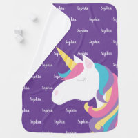 Cute Unicorn Personalized Purple Girl Baby Blanket