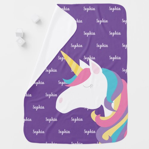 Cute Unicorn Personalized Purple Girl Baby Blanket