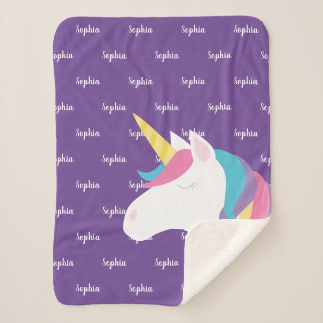 Cute Unicorn Personalized Purple Girl Sherpa Blanket (Front)