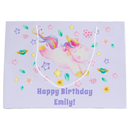 Cute Unicorn _ Personalized Purple Kids Birthday Large Gift Bag