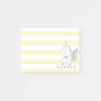Cute Unicorn - Personalized Yellow Striped Kids' Post-it Notes