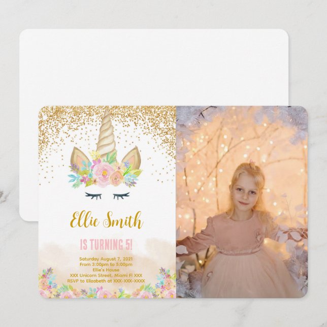 Cute Unicorn Photo Invitation (Front/Back)
