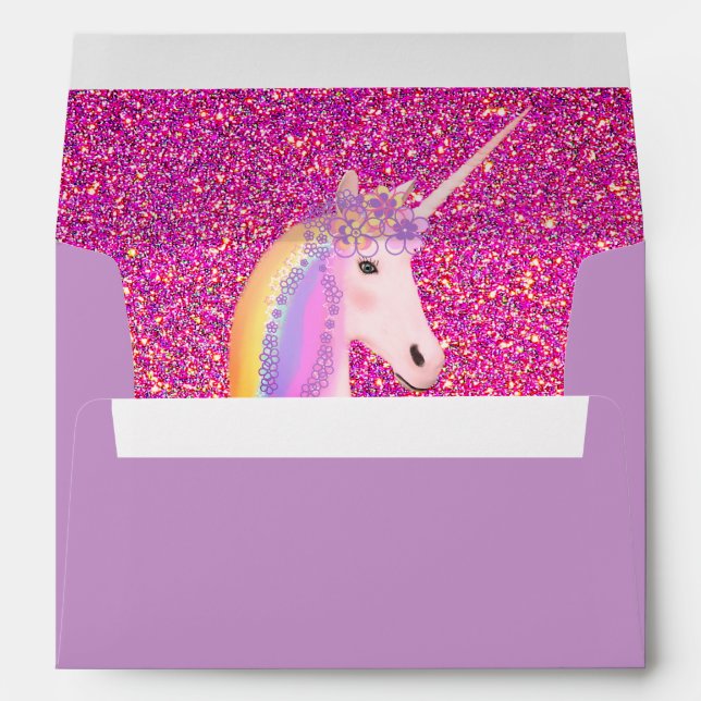 Cute Unicorn Pink and Gold Glitter Ombre Purple Envelope (Back (Bottom))
