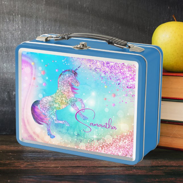Cute unicorn pink aqua faux glitter custom metal lunch box (Creator Uploaded)