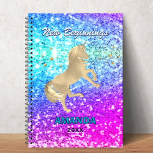 Cute unicorn pink aqua faux glitter custom notebook