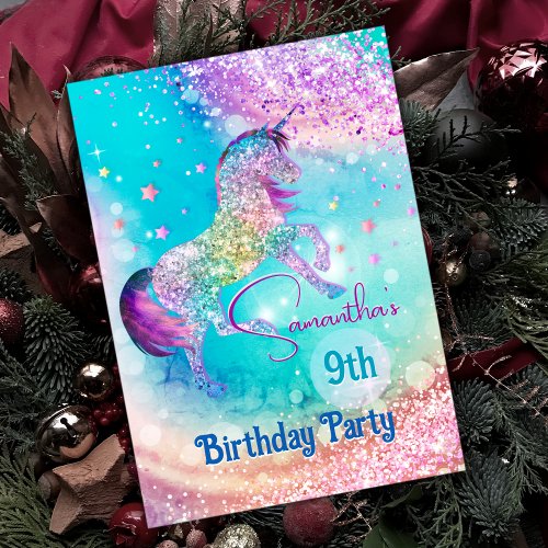 Cute unicorn pink aqua glitter any age birthday  invitation