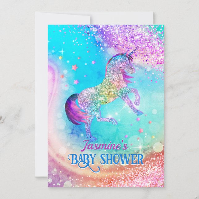 Cute unicorn pink aqua glitter baby shower  invitation (Front)