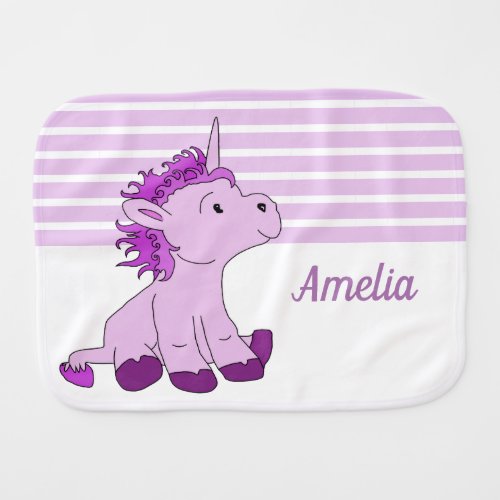 Cute Unicorn Pink Baby Girl Name Baby Burp Cloth - Cute Unicorn Pink Baby Girl Name baby burp cloth. The burp cloth features a lovely little sitting baby unicorn. The background has a pink and white stripe pattern. Personalize the cloth with your baby name. Lovely baby gift for a baby shower and a new baby.