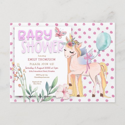 Cute Unicorn Pink Baby Shower Invitation Postcard
