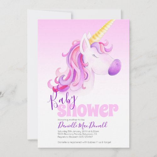 Cute unicorn pink baby shower invitations