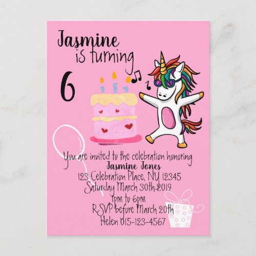 Cute Unicorn Pink Birthday Invitation Postcard