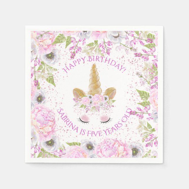Cute Unicorn Pink Birthday Party WhimsicalArtwork™ Napkins (Front)