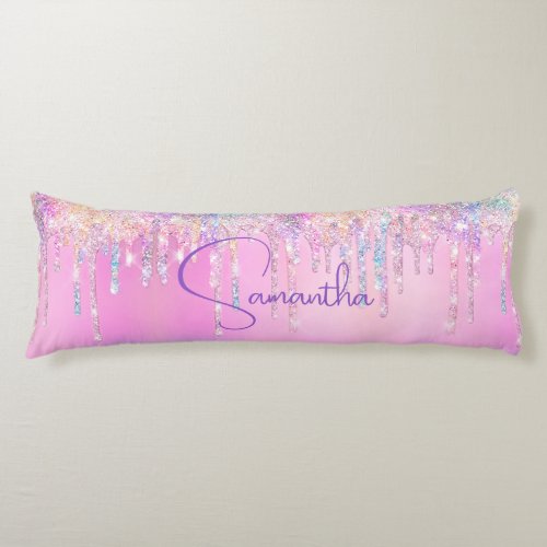 Cute unicorn pink faux glitter drips monogram body pillow