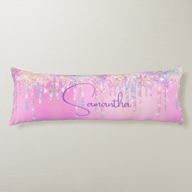 Cute unicorn pink faux glitter drips monogram body pillow (Front)