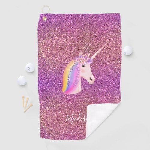 Cute Unicorn Pink Faux Glitter Personalized Golf Towel