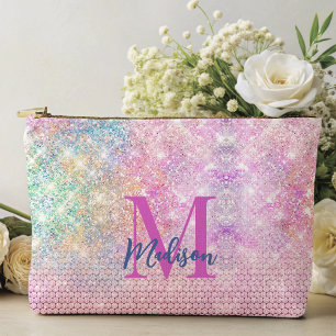 cute unicorn pink faux glitter rhinestone monogram accessory pouch