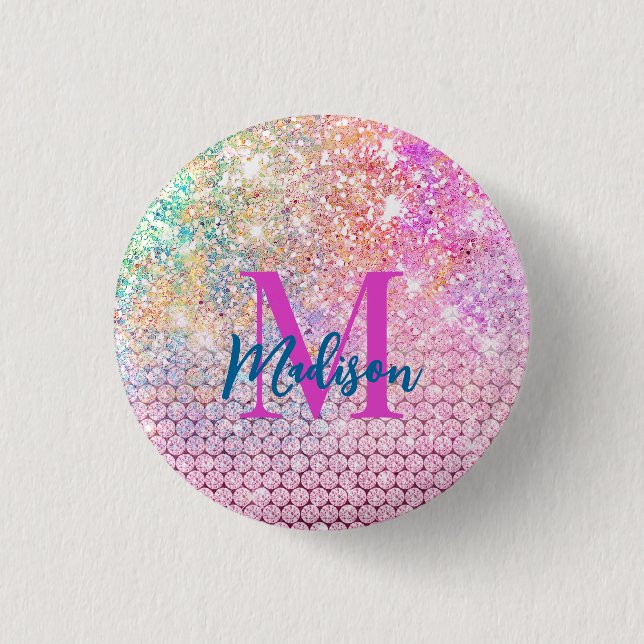 cute unicorn pink faux glitter rhinestone monogram button (Front)