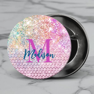 cute unicorn pink faux glitter rhinestone monogram button