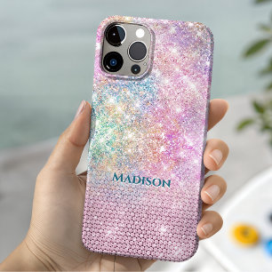 cute unicorn pink faux glitter rhinestone monogram iPhone 15 case