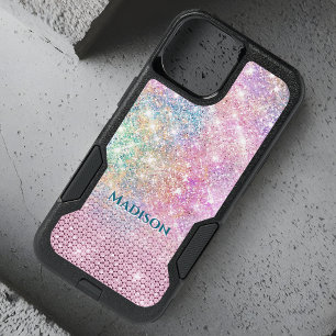 cute unicorn pink faux glitter rhinestone monogram iPhone 15 case