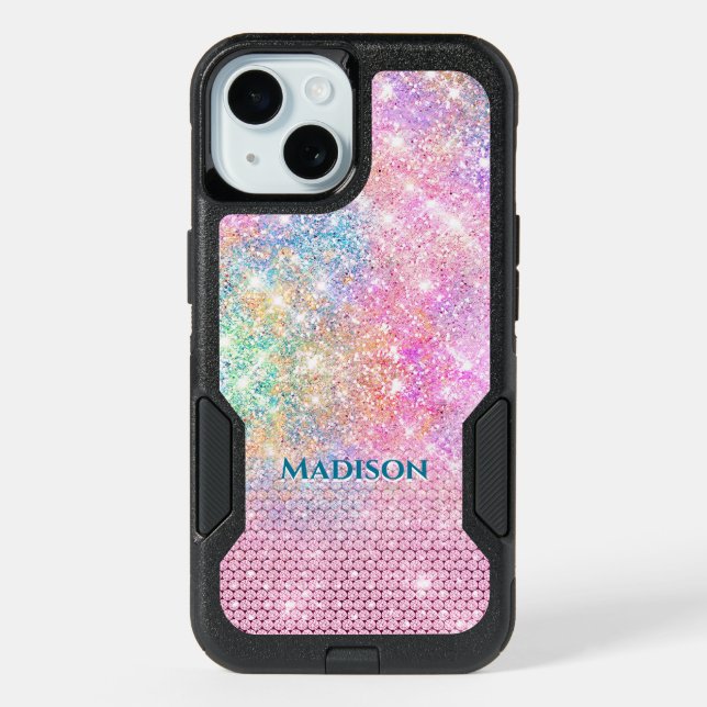 cute unicorn pink faux glitter rhinestone monogram iPhone 15 case (Back)