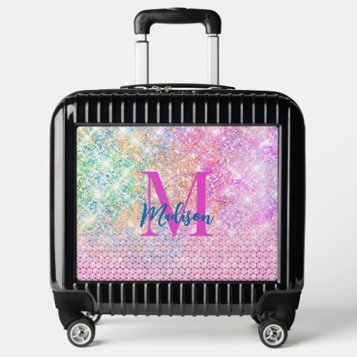 cute unicorn pink faux glitter rhinestone monogram luggage