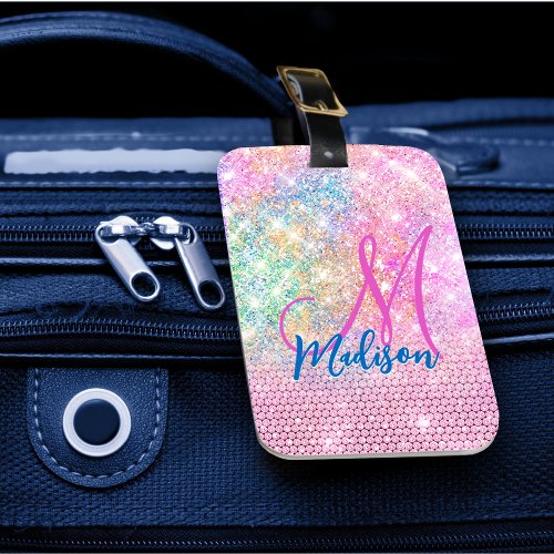 cute unicorn pink faux glitter rhinestone monogram luggage tag