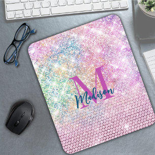 cute unicorn pink faux glitter rhinestone monogram mouse pad