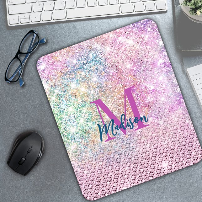 cute unicorn pink faux glitter rhinestone monogram mouse pad (Creator Uploaded)