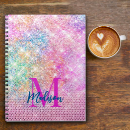 cute unicorn pink faux glitter rhinestone monogram notebook