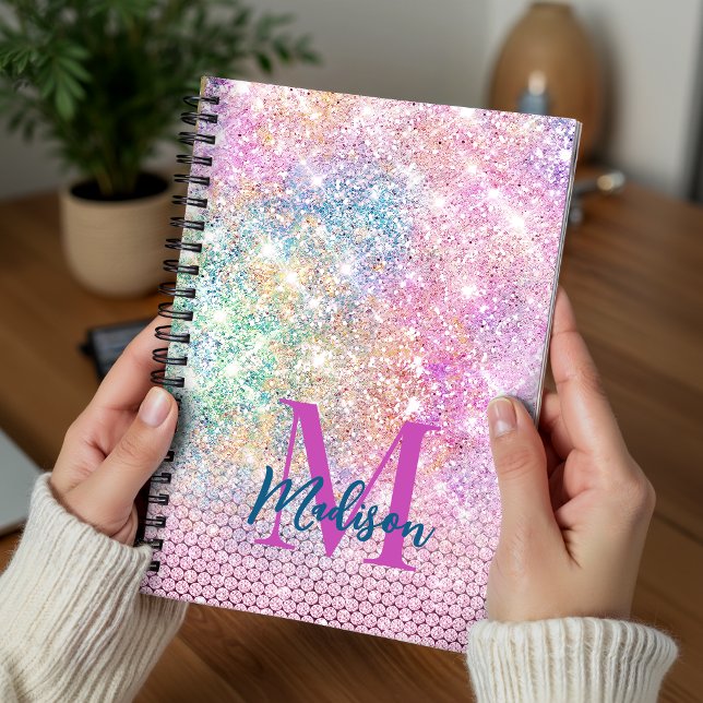 cute unicorn pink faux glitter rhinestone monogram notebook (Creator Uploaded)