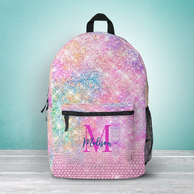 cute unicorn pink faux glitter rhinestone monogram printed backpack (Creator Uploaded)