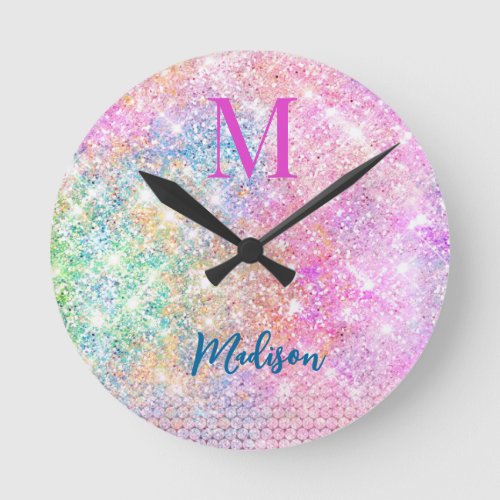cute unicorn pink faux glitter rhinestone monogram round clock