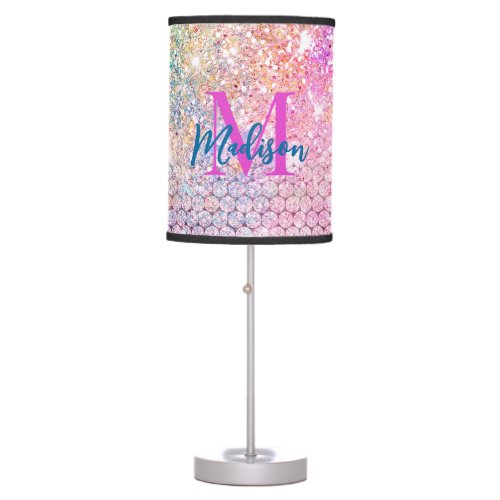 cute unicorn pink faux glitter rhinestone monogram table lamp