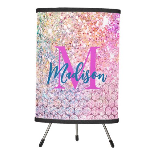 cute unicorn pink faux glitter rhinestone monogram tripod lamp