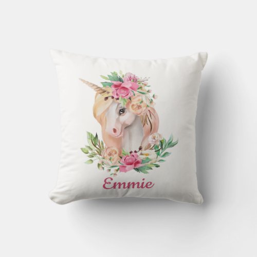 Cute Unicorn Pink Floral Custom Childs Name Throw Pillow