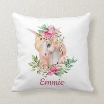 Cute Unicorn Pink Floral Custom Child's Name Throw Pillow
