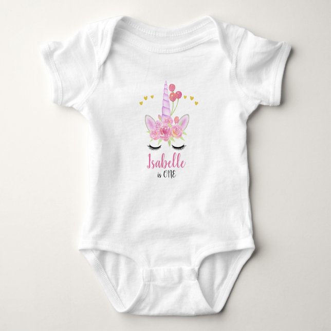Cute Unicorn Pink Florals Baby Bodysuit (Front)