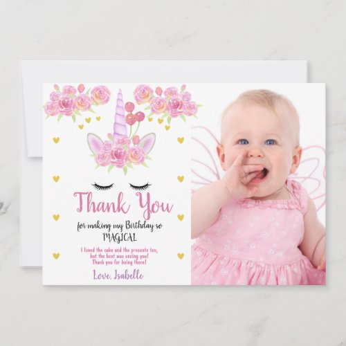 Cute Unicorn Pink Florals Photo Birthday Thank You Card