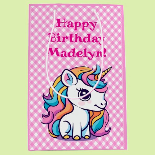 Cute Unicorn Pink Gingham Birthday Present Medium Gift Bag